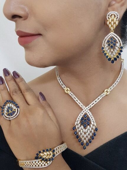 Royal Sapphire & Gold American Diamond Necklace Set – Luxury CZ Bridal Jewelry | D&J Diamonds & Jewels