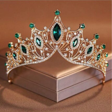 D&J Royal Emerald Queen Tiara with Diamond Accents – Luxury Bridal & Occasion Crown