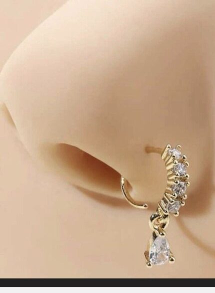 Crescent Diamond Nose Ring with Teardrop Drop – Elegant Luxury Nath