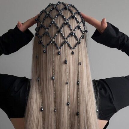 D&J Noir Lattice Diamond Hair Veil | Black Pearl Gothic Bridal Headpiece