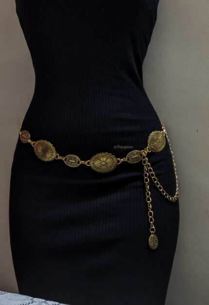 Vintage Medallion Coin Waist Belt in Gold Finish