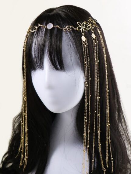 D&J Golden Bloom Tassel Hair Chain Headpiece – Floral Side Draped Hair Jewelry