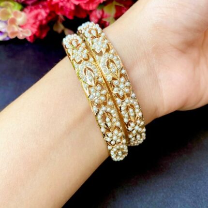 D&J Pearl Blossom Gold Bangles – Elegant Bridal Pair