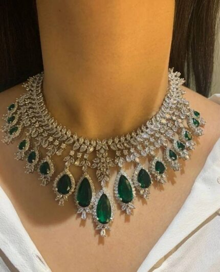 White Tone Lab Emerald & CZ Diamond Necklace