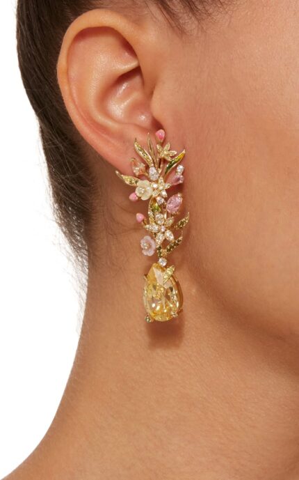 D&J Diamonds & Jewels Floral Crystal Drop Earrings – Luxury Gold-Plated Statement Earrings with Yellow Pear Stone for Women