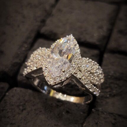 D&J Diamonds & Jewels Luxury Marquise Cut Halo Ring – Silver Tone Split Shank Engagement Ring for Women