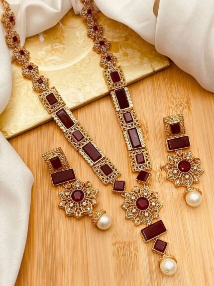 D&J Royal Maroon Kundan Necklace Set – Gold Plated Bridal Statement Jewelry with Pearl Drops