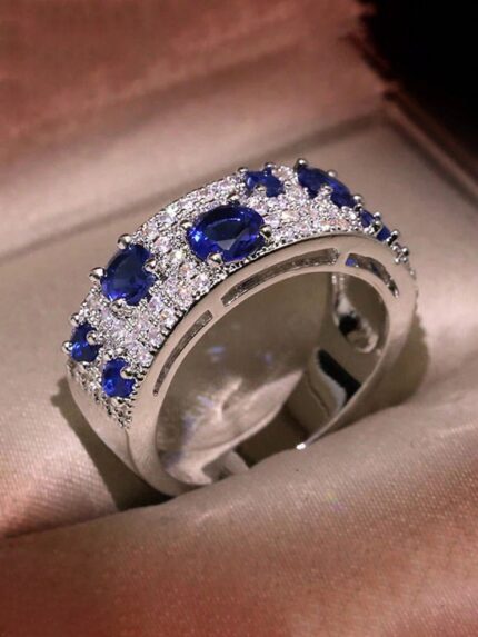 D&J Royal Blue Sapphire Crystal Band – Luxury Wide Pave Statement Ring for Women