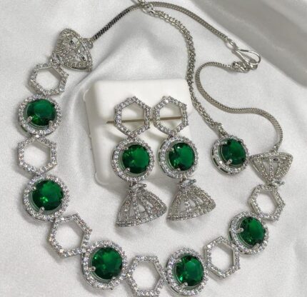 D&J Emerald Luxe Geometric American Diamond Necklace Set with Drop Earrings