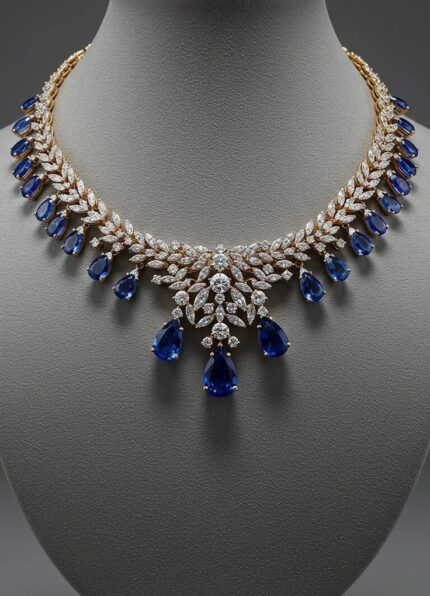 D&J Royal Blue Sapphire Drop Necklace – Gold-Tone Diamond-Style Bridal Statement Jewelry