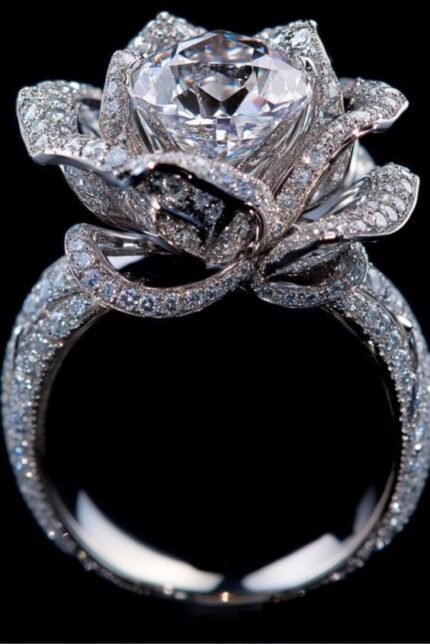 D&J Diamonds & Jewels Luxury Rose Bloom Halo Ring – Silver Tone Pave Crystal Floral Engagement Ring for Women