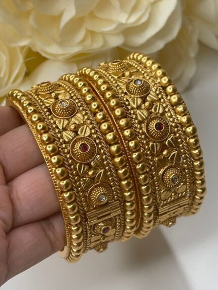 D&J Diamonds & Jewels Antique Gold Temple Style Beaded Bridal Bangles Set for Women – Royal Wedding Collection
