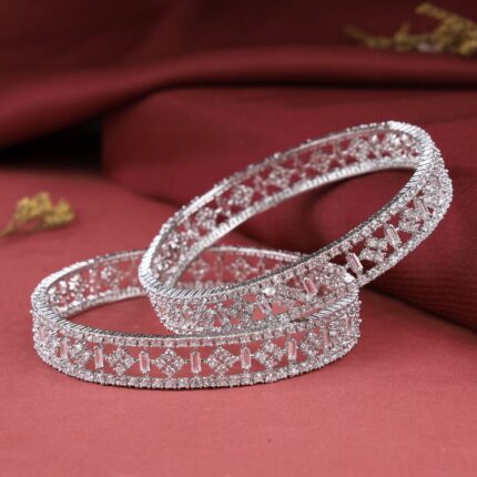 D&J Diamonds & Jewels Silver Crystal Studded Openwork Bangles Set for Women – Elegant Party & Bridal Wear