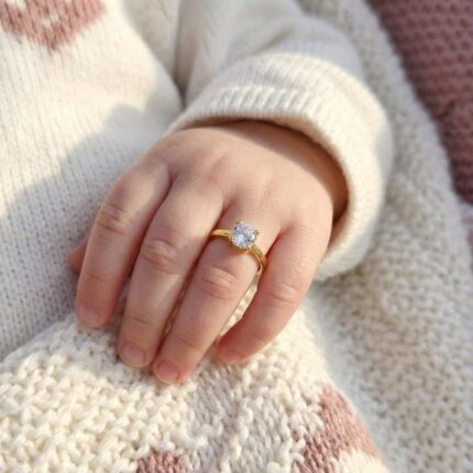 D&J Diamonds & Jewels Classic Gold-Plated Solitaire Baby Ring – Elegant Crystal Kids Finger Ring