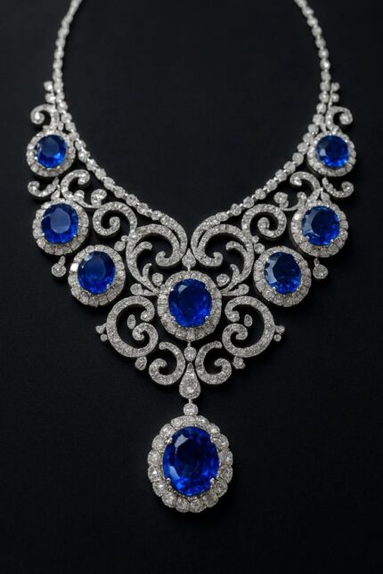 D&J Royal Sapphire Elegance Necklace – Silver Diamond-Style Statement Bridal Jewelry