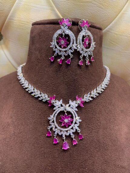 D&J Diamonds & Jewels Pink Blossom Silver Diamond Jewellery Set
