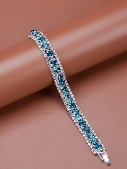 D&J Diamonds & Jewels Ocean Blue Double Row Tennis Bracelet in White Gold Finish