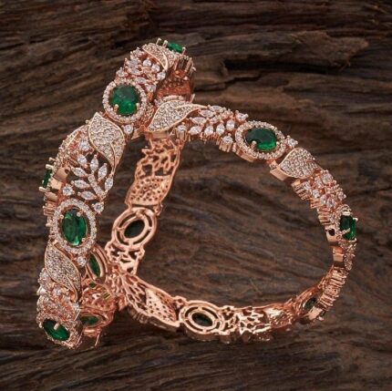 D&J Diamonds & Jewels Emerald Green Oval Stone & Leaf Crystal Rose Gold Bangles Set – Luxury Bridal Wear