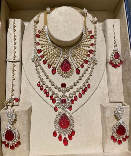 D&J Royal Heritage Ruby Multi-Layer Bridal Necklace Set with Earrings & Tikka