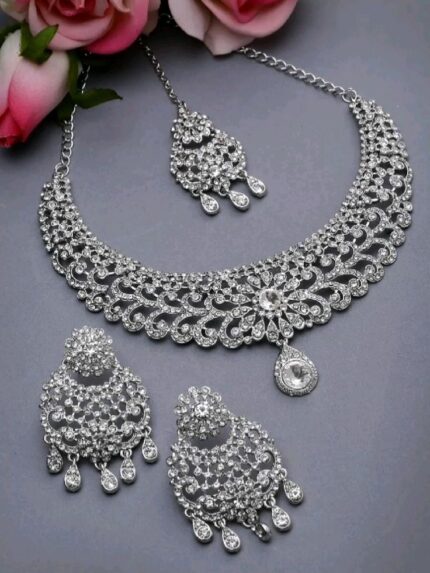 D&J Royal Floral Crystal Statement Necklace Set with Chandbali Earrings