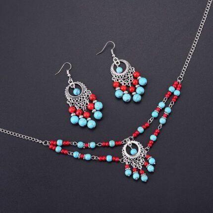 D&J Bohemian Turquoise Tassel Jewelry Set – Vintage Silver Beaded Collection