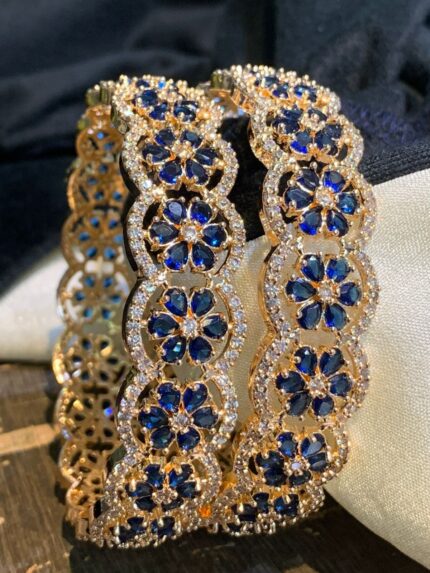 D&J Royal Blue Floral Zircon Bangles – Luxury Gold Plated Bridal Statement Kada Set for Women
