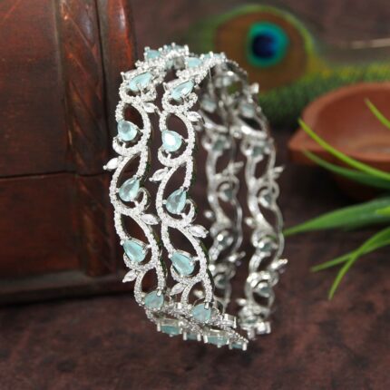 D&J Diamonds & Jewels Silver Aqua Teardrop Crystal Designer Bangles Set for Women – Elegant Bridal & Festive Wear