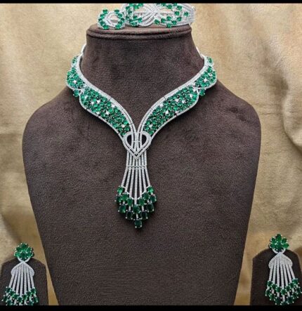 D&J Royal Emerald Vine Drop Necklace Set with Statement Earrings & Headpiece