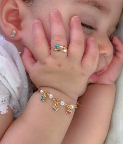D&J Diamonds & Jewels Baby Pearl & Heart Charm Bracelet with Adjustable Crystal Ring – Gold Plated Kids Jewelry Set