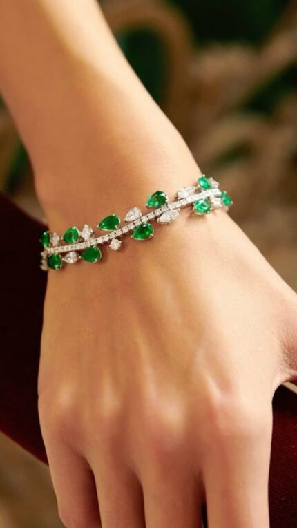 D&J Diamonds & Jewels Pear-Cut Emerald & Diamond Floral Bracelet in White Gold