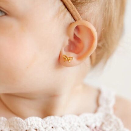 D&J Diamonds & Jewels Baby Bow Stud Earrings – Gold-Tone Minimalist Kids Ear Tops