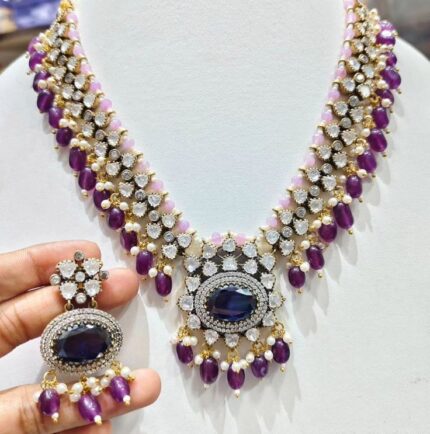 D&J Royal Amethyst Polki-Inspired Statement Necklace Set